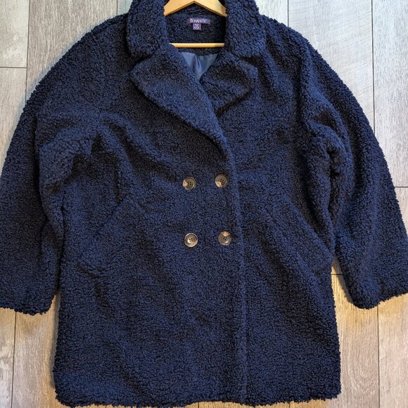 Roaman’s Plus Size Navy Sherpa Fleece Double-Breasted Coat | 1X - Picture 8 of 14